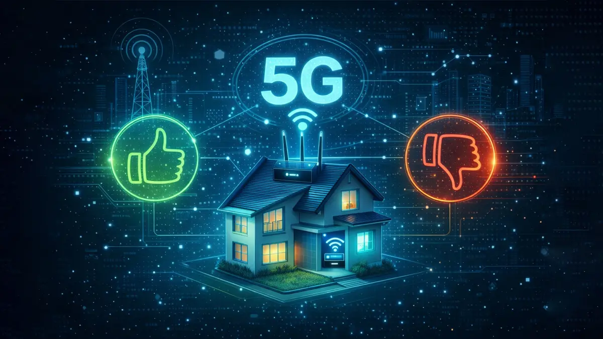 5G Home Broadband Router sitting on a table with digital interference overlay