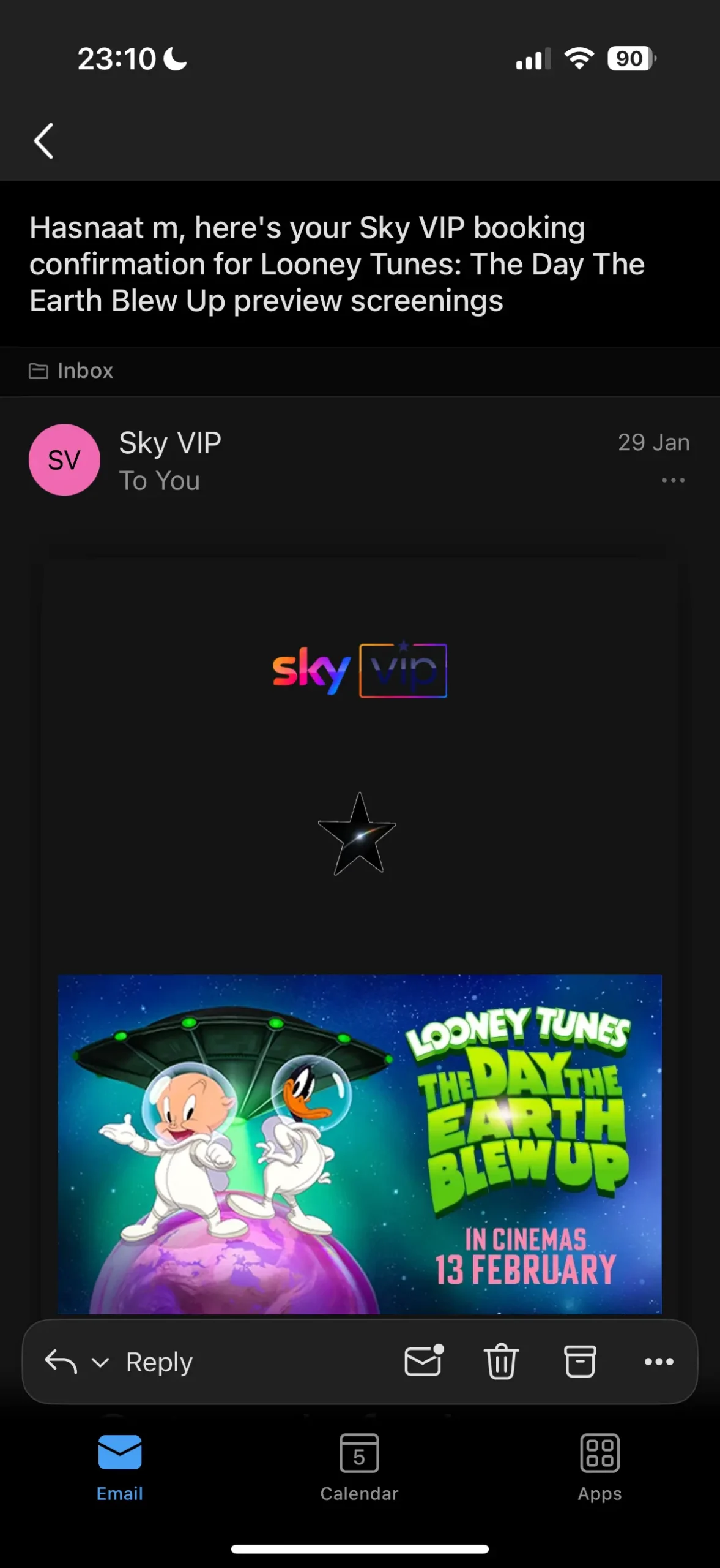 Sky rewards prize email screenshot 1