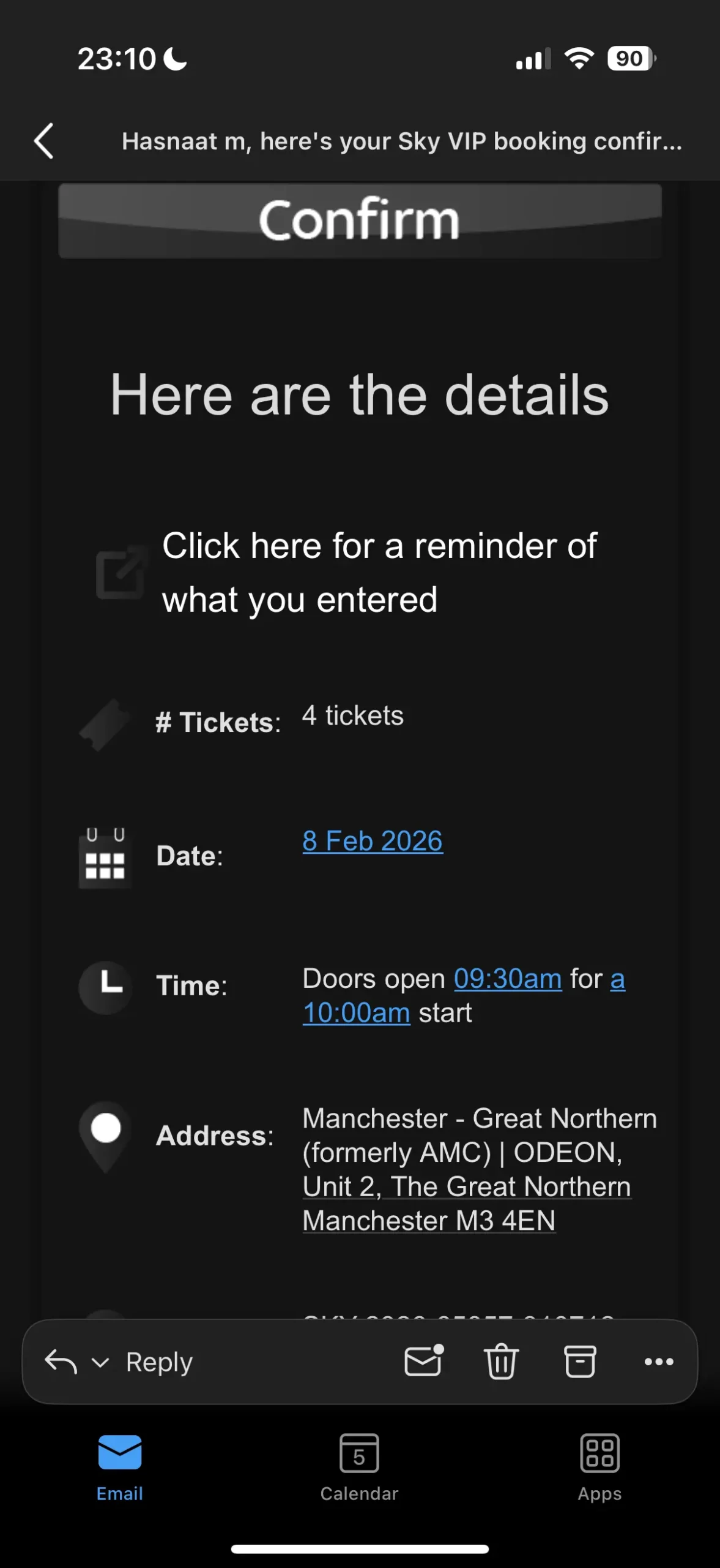 Sky rewards prize email screenshot 2