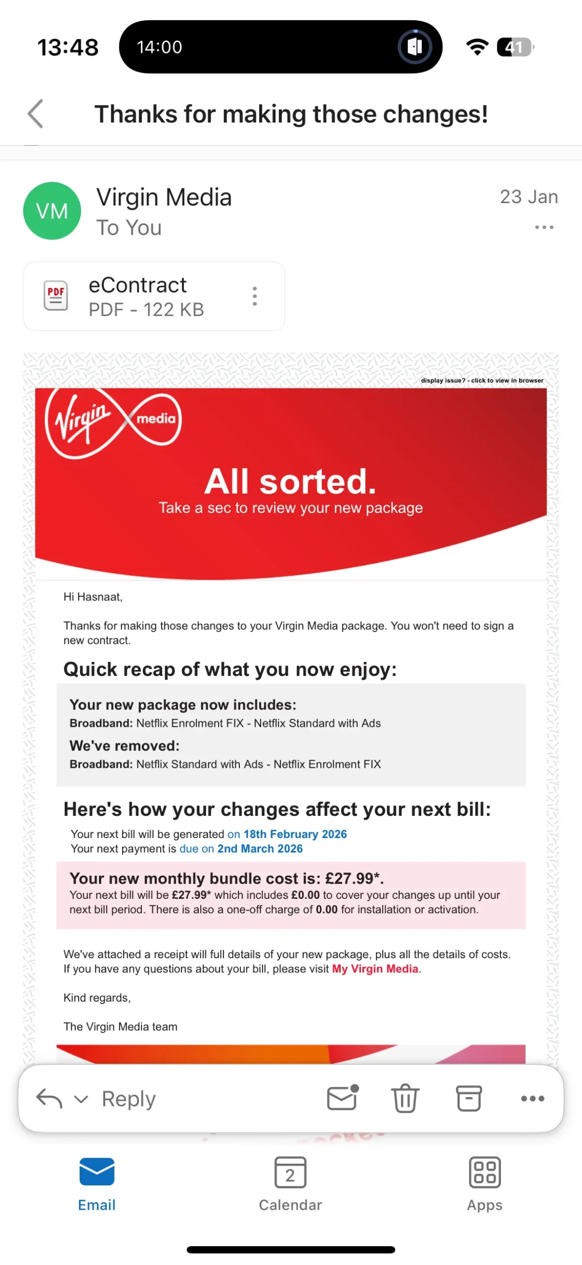 Virgin Media Fixed Email Screenshot