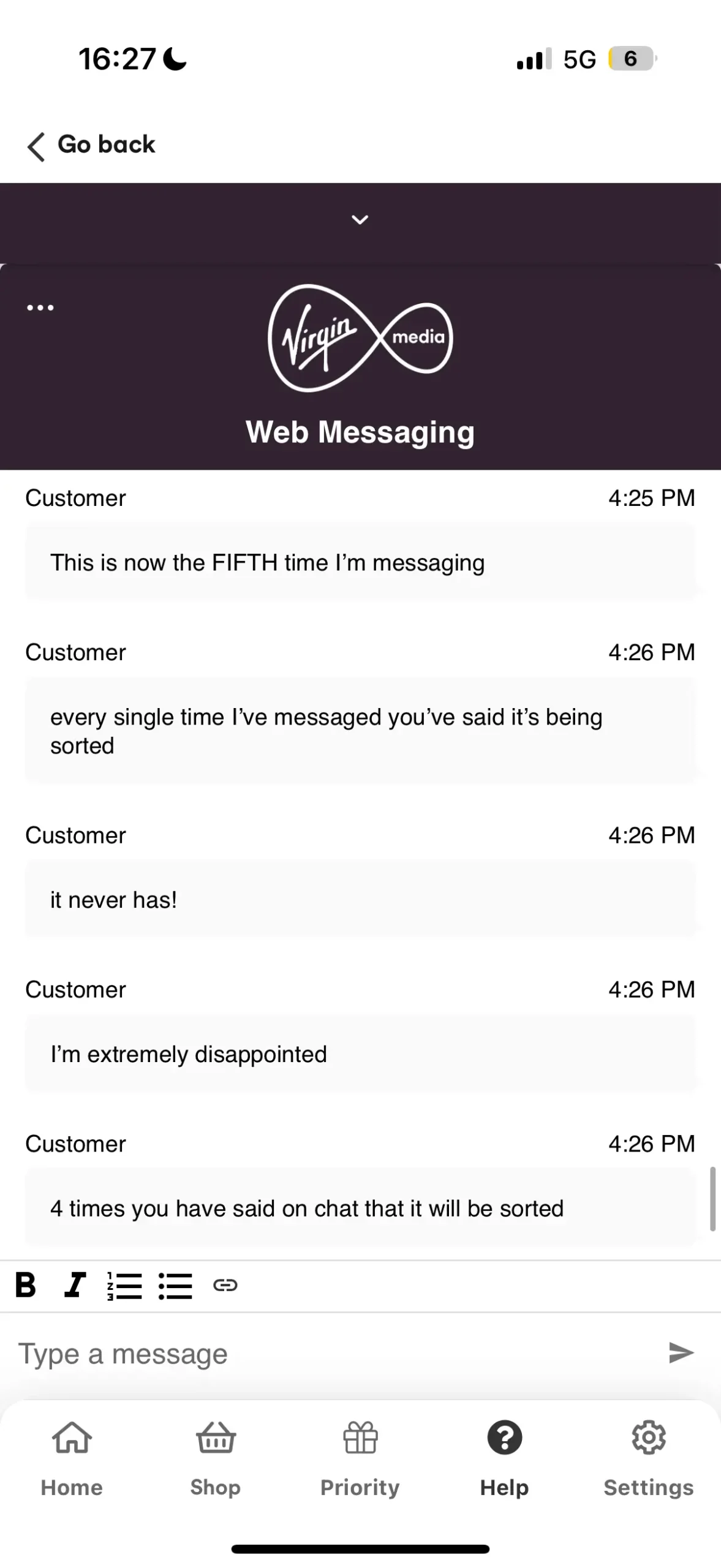 Virgin Media Live Chat Complaint Screenshot 1