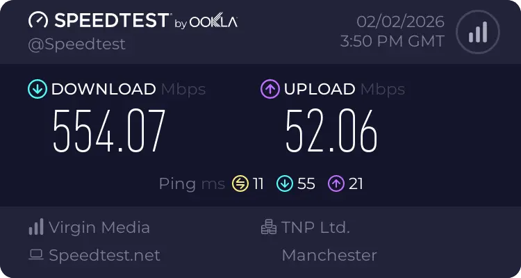 Virgin Media M500 Speed Test Result showing 554Mbps download