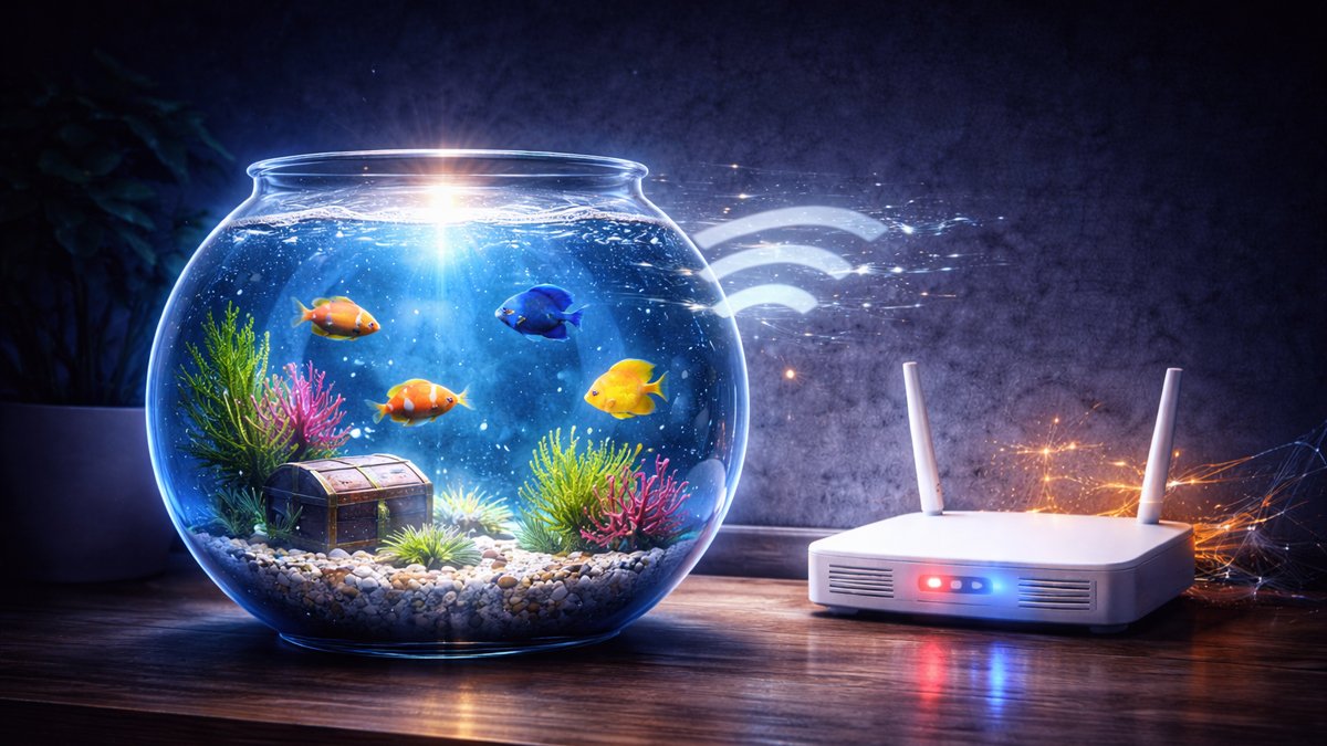 A fishbowl sitting near a glowing broadband router causing signal issues