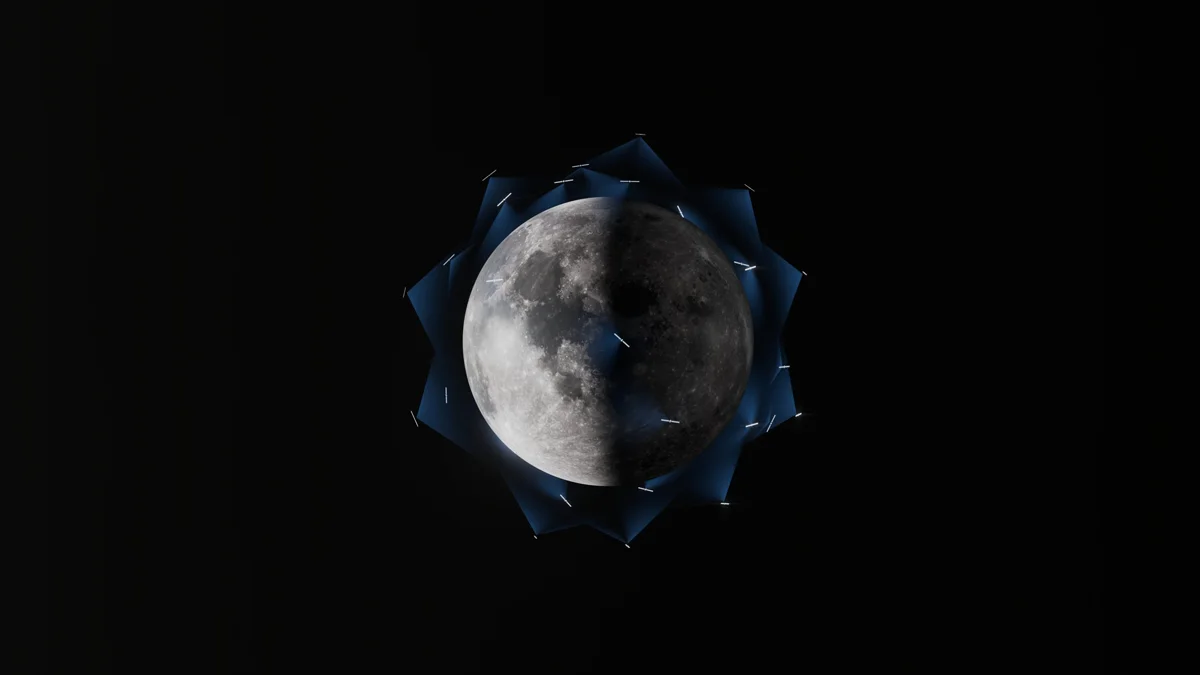 Concept image of Starlink satellites forming a relay network around the Moon