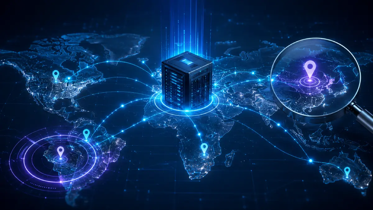 Glowing world map, VPN server and location markers illustrating research into a VPN server's real location