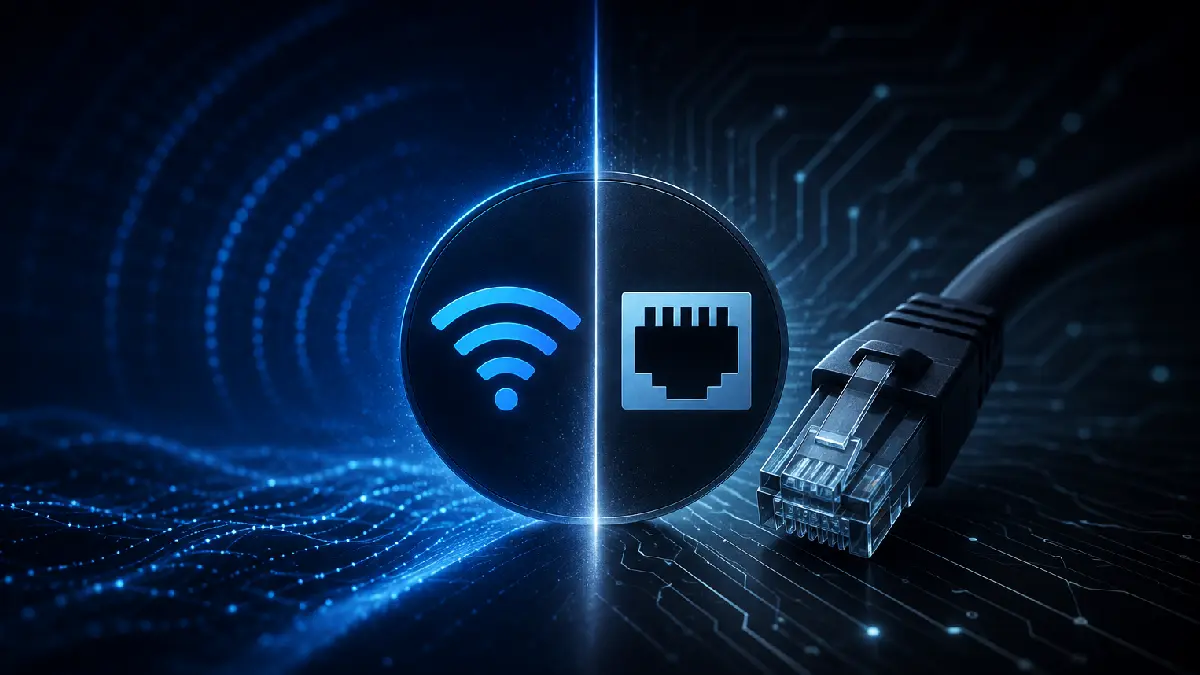 Wi-Fi vs Ethernet comparison showing Ethernet cable, Wi-Fi 6 close range and Wi-Fi 6 upper floor from the router
